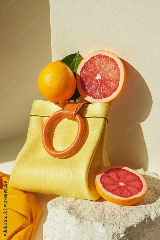 Bright yellow handbag displays fresh citrus fruits in a stylish arrangement against a minimalist background
