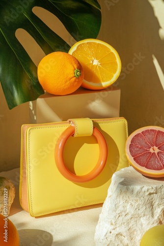 Obraz na płótnie Colorful yellow handbag with vibrant citrus fruits and green leaves on display in bright sunlight during a summer afternoon w salonie