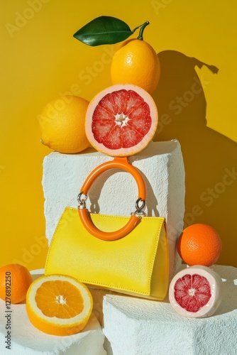 Obraz na płótnie Colorful handbag displayed alongside vibrant citrus fruits in a bright yellow setting captures the essence of playful summer accessories w salonie