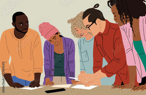 Diverse group of people are standing around a table, working together on a project. Scene is collaborative and focused. Colorful flat vector illustration