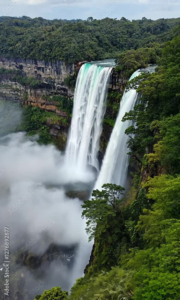 Cinematic Aerial Drone Vertical Shot View of a Majestic Waterfall in a Lush Green Canyon Landscape at Sunset Cinematic Aerial Drone Vertical Shot View of a Majestic Waterfall in a Lush Green Canyon Landscape at Sunset