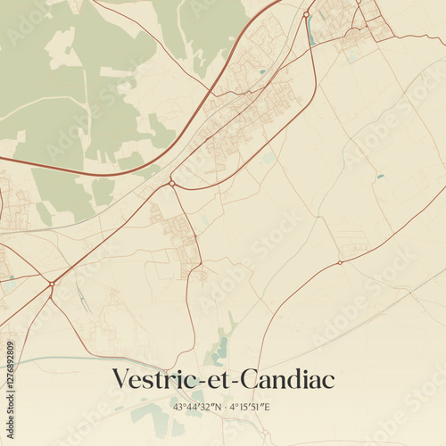 Vintage map of Vestric-et-Candiac, France.