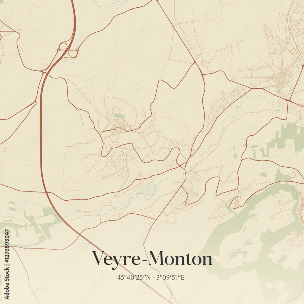 Fototapeta premium Vintage map of Veyre-Monton, France.