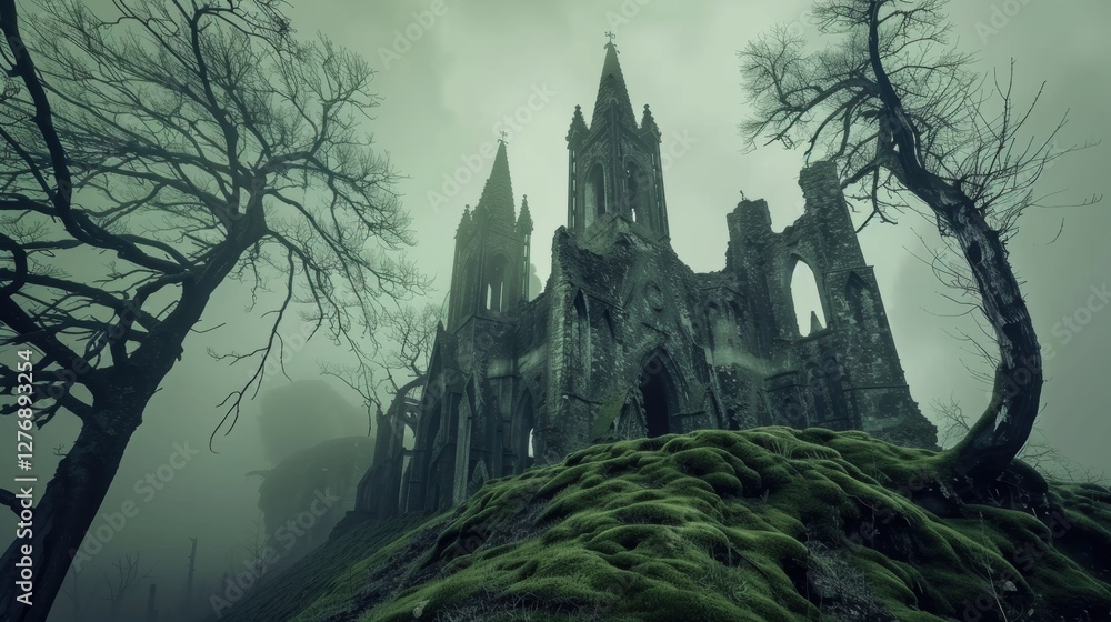 Obraz premium A gothic cathedral ruin shrouded in mist, standing ominously on a moss-covered hill, evoking a dark and mysterious atmosphere.