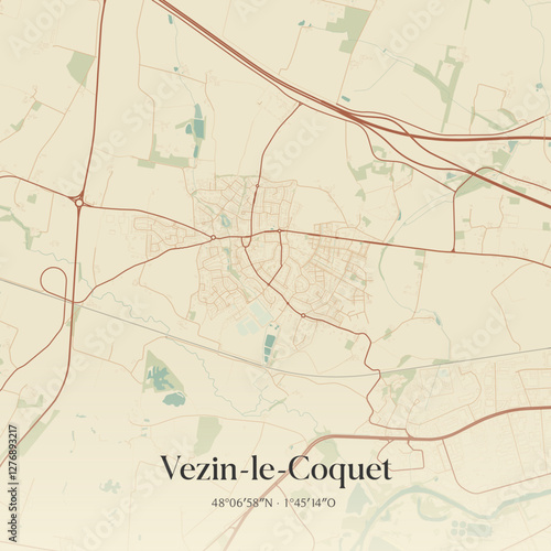 Vintage map of Vezin-le-Coquet, France.