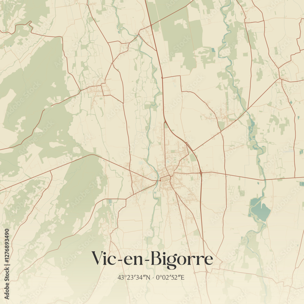 Fototapeta premium Vintage map of Vic-en-Bigorre, France.