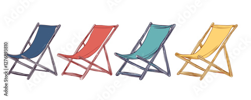 Colorful foldable beach chairs: blue, red, green, yellow on white background. Vector