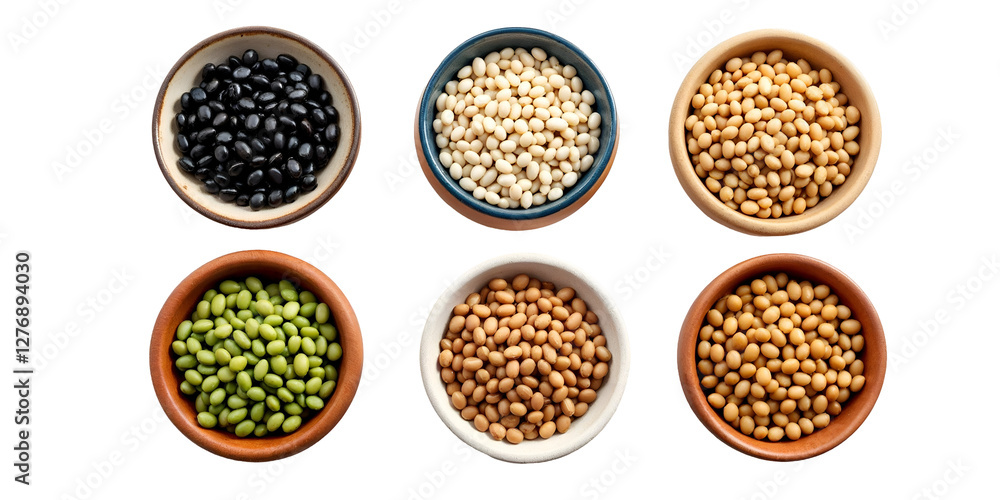 Set of various six bowls filled with different types of beans isolated on transparent background. Set of various six bowls filled with different types of beans isolated on transparent background.