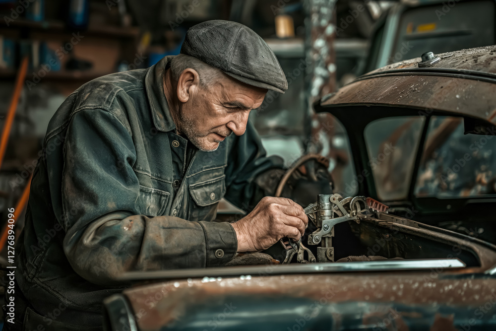 A mechanic man repairing a car in a garage, using tools to troubleshoot the vehicle. He is focused on the task, dressed in work clothes. A mechanic man repairing a car in a garage, using tools to troubleshoot the vehicle. He is focused on the task, dressed in work clothes.
