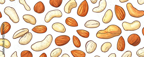 Assorted nuts pattern with cashews, almonds, and peanuts on white background. Vector