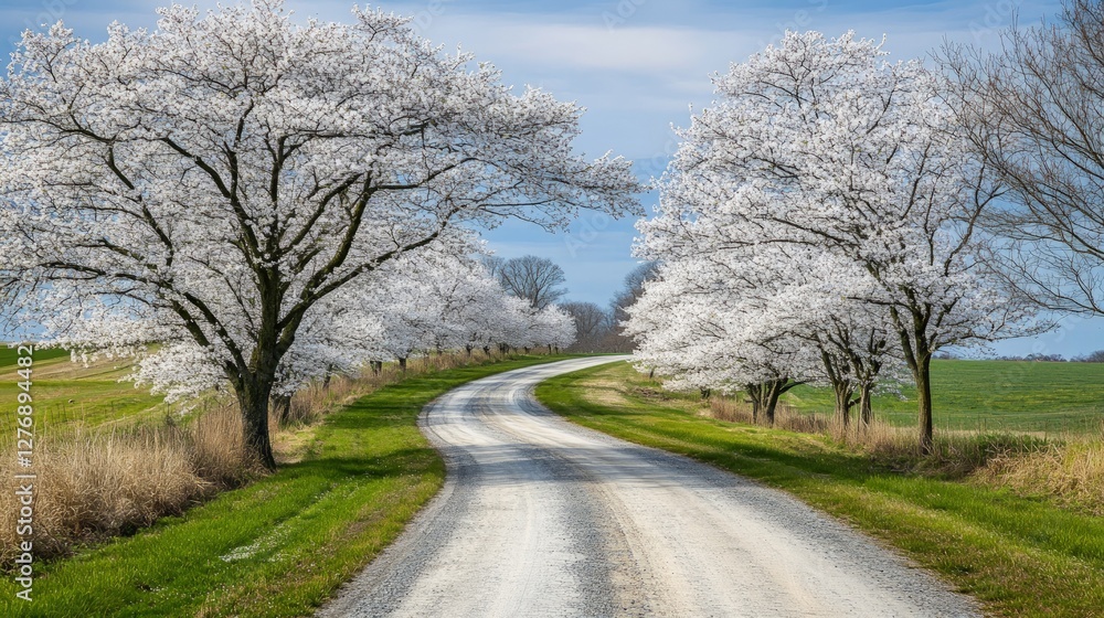Lush White Blossom Trees Along Serene Gravel Country Road Lush White Blossom Trees Along Serene Gravel Country Road