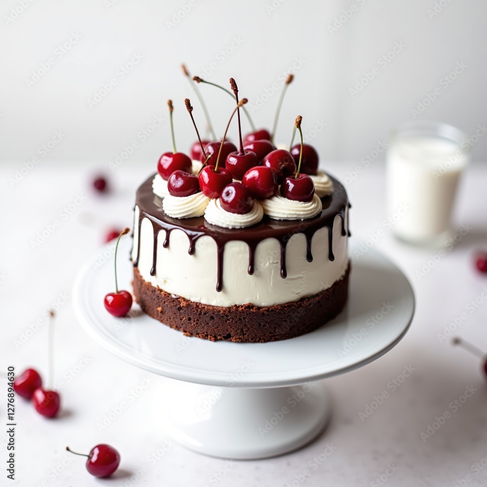 Black Forest Cheesecake with Fresh Cherries and Chocolate Drip on white background Black Forest Cheesecake with Fresh Cherries and Chocolate Drip on white background