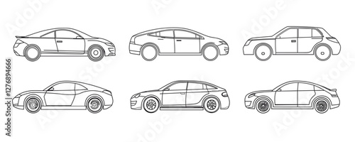 Set of six minimalistic car outline designs in side view on white background. Vector