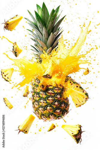 Exploding pineapple burst, vibrant yellow and yellow color palette, juice splashes and pineapple fragments flying outward photo