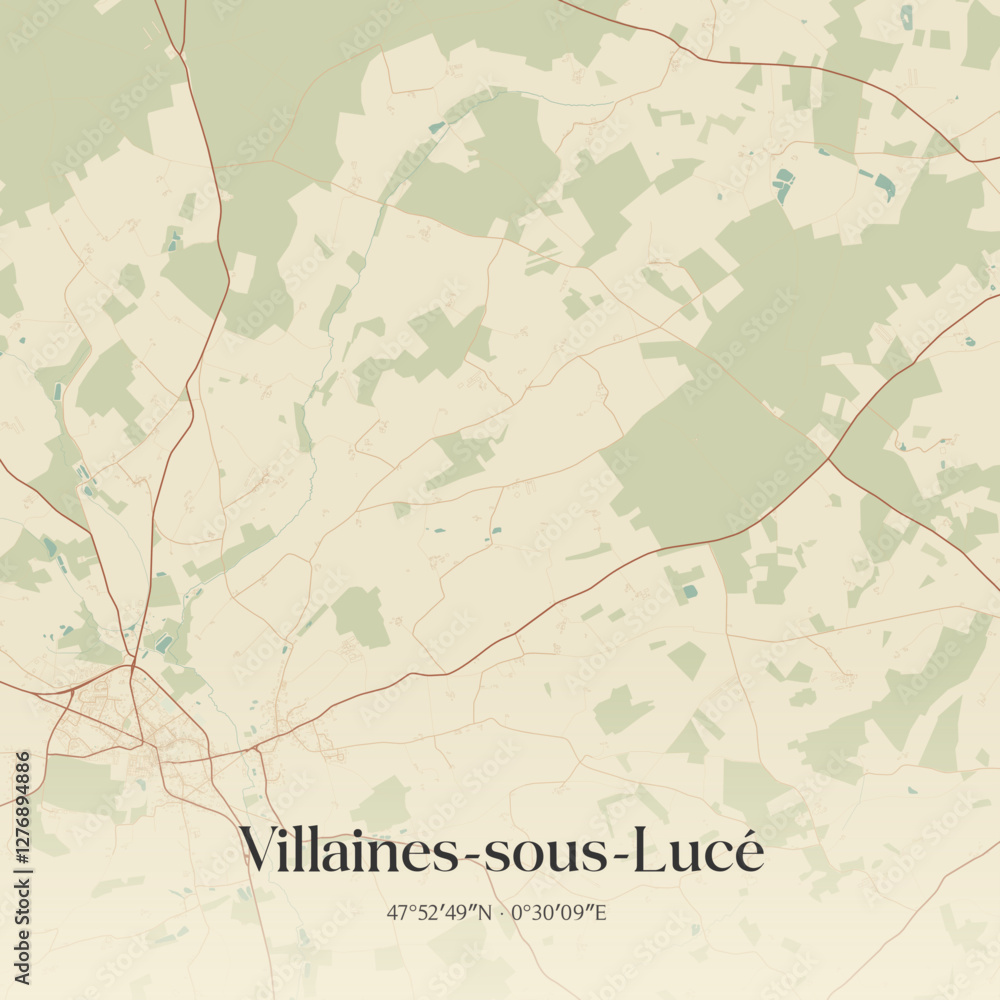 Fototapeta premium Vintage map of Villaines-sous-Lucé, France.
