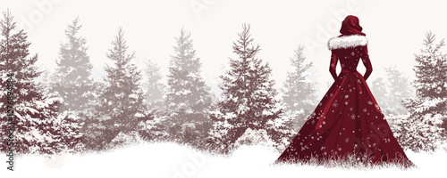 Woman in red gown stands in snowy forest, surrounded by snow-covered pine trees in winter wonderland. Vector