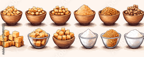 Assorted sugar varieties in wooden and glass bowls displayed in rows. Vector
