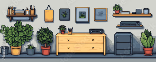 Home office setup with desk, plants, and wall decorations in modern styled workspace. Vector