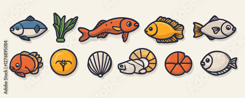 Cartoon sea creatures and nautical food icons set on white background. Vector