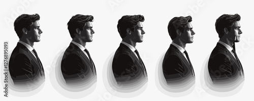 Five identical businessmen standing in profile with dark suits and neat hairstyles. Vector