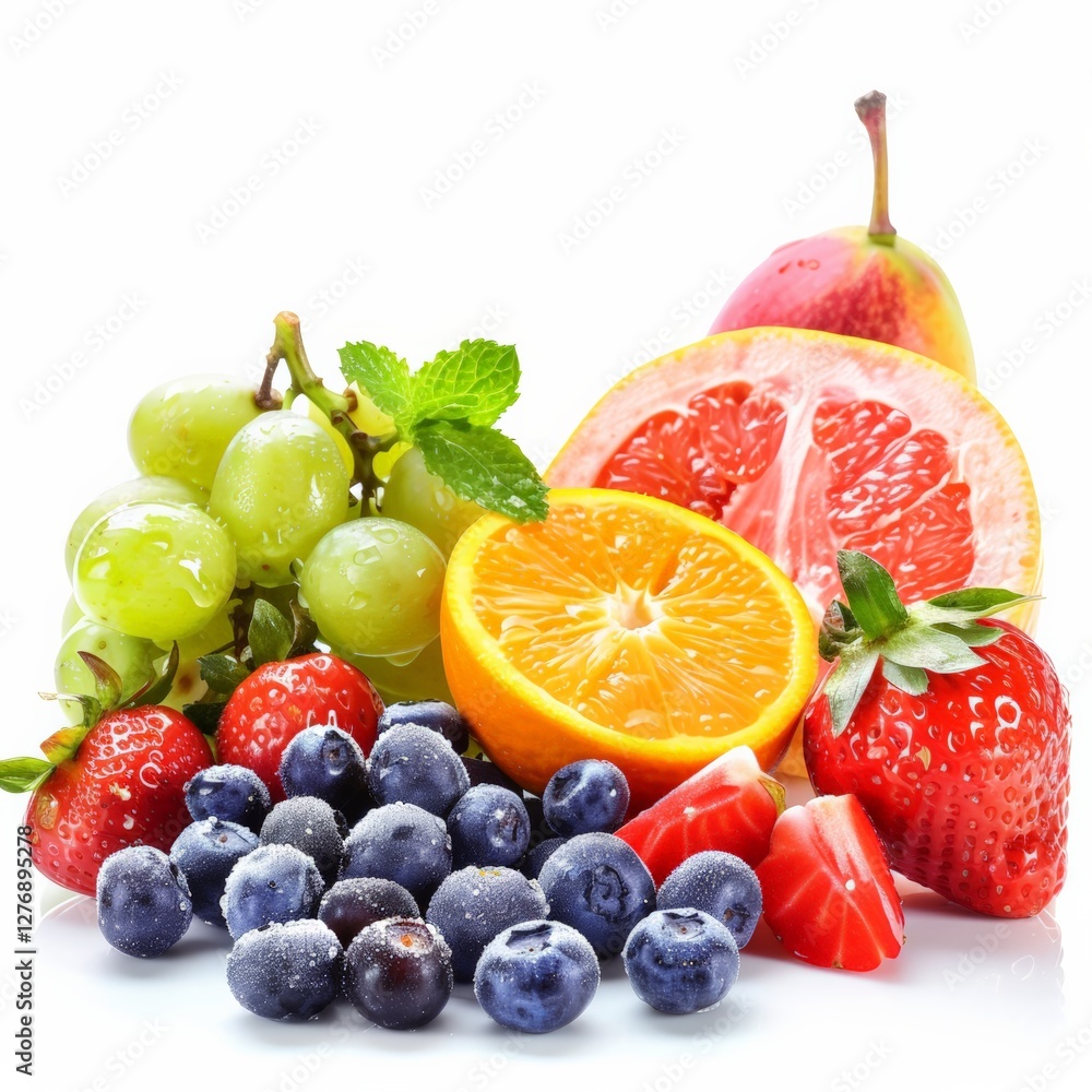 A vibrant assortment of fresh fruits isolated on a clean white background, perfect for healthy eating, diet, nutrition, organic food concepts, grocery store promotions A vibrant assortment of fresh fruits isolated on a clean white background, perfect for healthy eating, diet, nutrition, organic food concepts, grocery store promotions