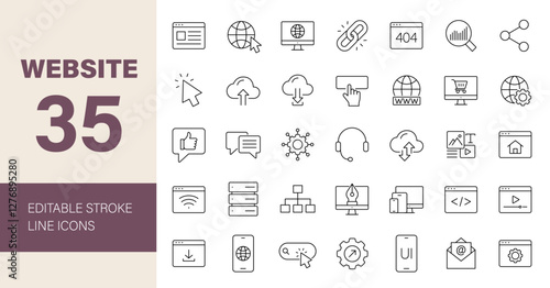 Website Line Editable Icons set. Vector illustration for web and mobile app. Internet related icons: content, SEO, e-commerce, hosting, server, homepage, user interface and more.
