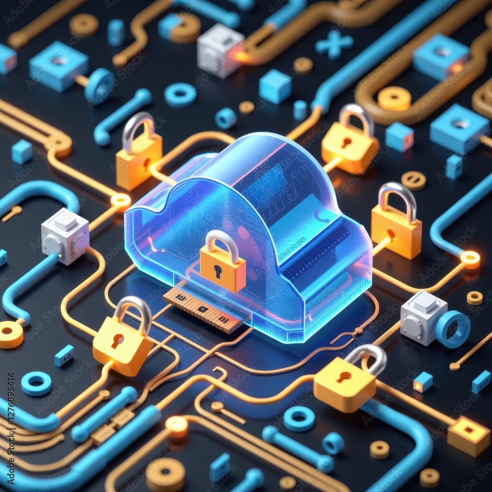 Naklejka premium A conceptual illustration of cloud computing security, featuring a central cloud icon protected by a golden lock.