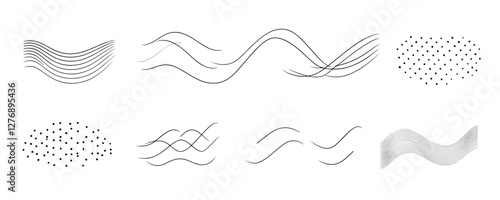 Collection of abstract wavy lines and dots in minimalist black and white design. Vector