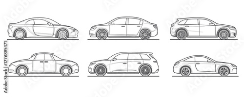 Side view line drawings of six different car models: sedans, suv, coupe, and hatchback. Vector