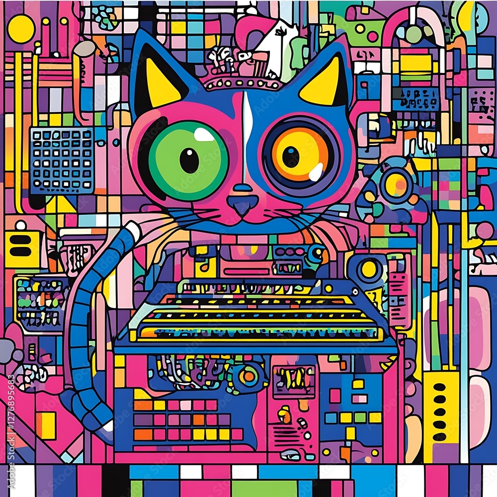 Abstract cat in a futuristic machine setting. Possible use Desktop background, poster art Abstract cat in a futuristic machine setting. Possible use Desktop background, poster art