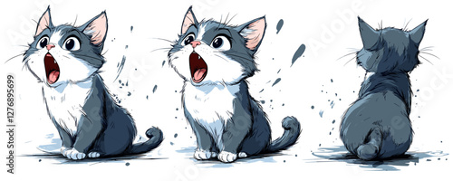 Cute cartoon kitten trio: playful, curious, and relaxed illustrated series. Vector