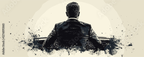 Businessman from behind in artistic black and white, surrounded by splatter effect. Vector