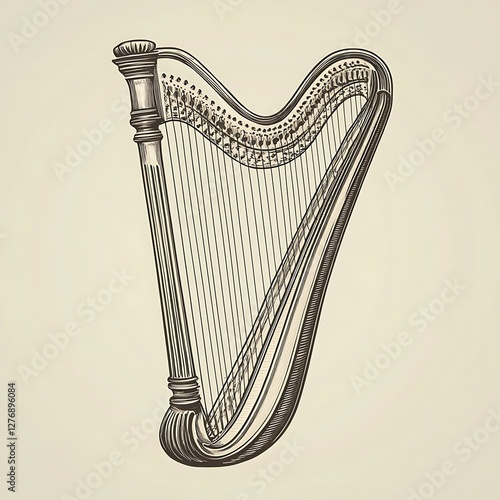 Vintage Harp Illustration, Musical Instrument, Decorative Artwork, potential use in music education materials photo