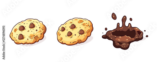 Three chocolate chip cookies and milk splash on white background. Vector