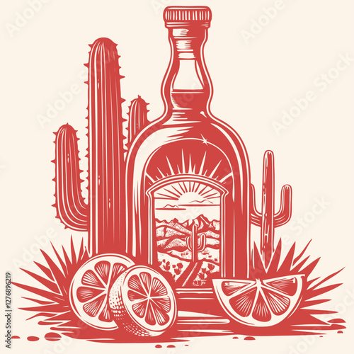 Vector art featuring a tequila bottle, orange slices, and cacti. Perfect for Mexican themed designs, drink promotions, or travel related graphics.