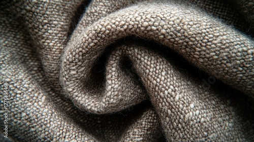 Textured, crumpled, brown linen fabric close-up with intricate weave photo