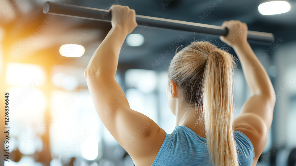 Fototapeta premium Workout with pull up bar, woman exercising in gym, strength training, fitness focus, endurance building, healthy lifestyle, back view, active lifestyle, physical fitness, gym environment