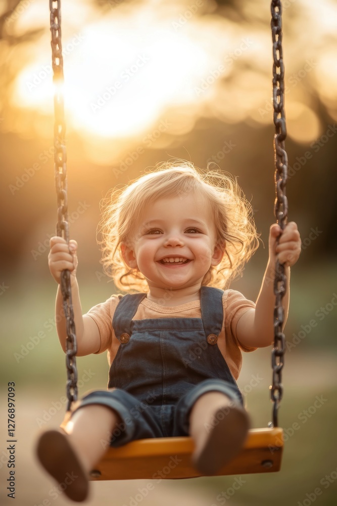 Happy child playing in playground in Spring Happy child playing in playground in Spring