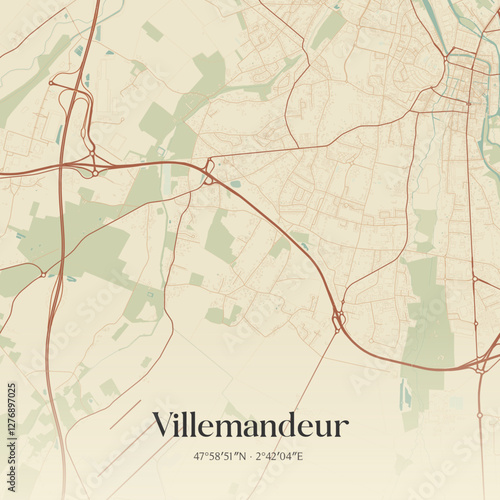 Vintage map of Villemandeur, France.
