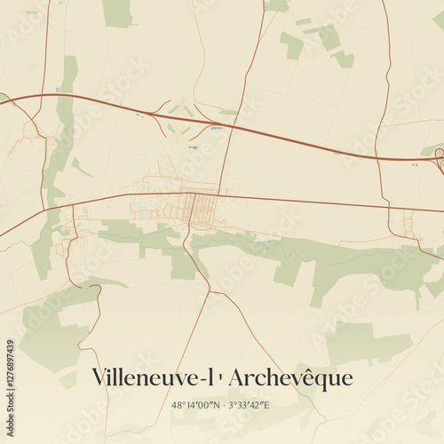 Vintage map of Villeneuve-l'Archevêque, France.