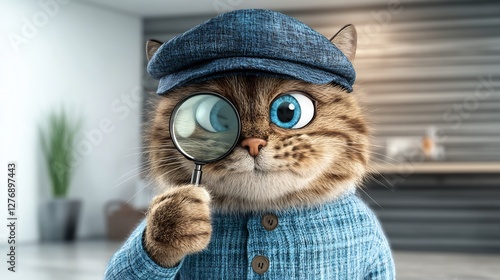 comic cat detective hat magnifying glass