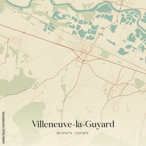 Vintage map of Villeneuve-la-Guyard, France.