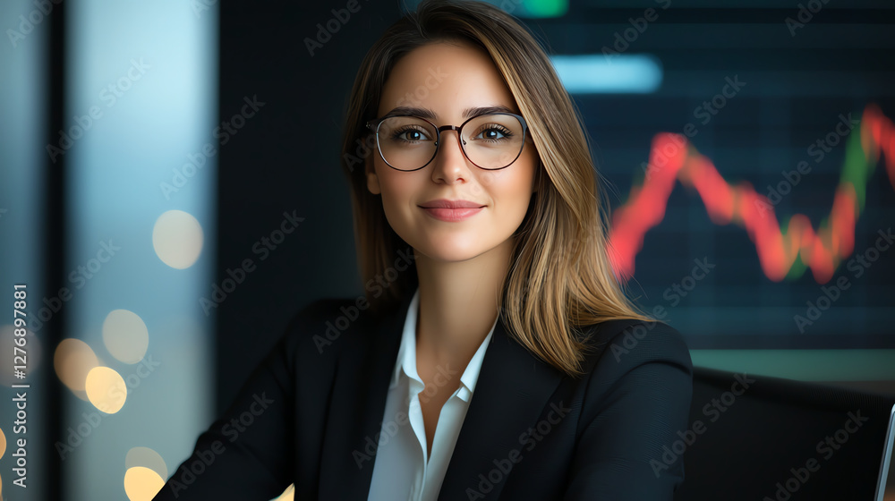 confident businesswoman in professional setting, wearing glasses and black suit, smiles warmly. background features financial charts, suggesting focus on finance or investment confident businesswoman in professional setting, wearing glasses and black suit, smiles warmly. background features financial charts, suggesting focus on finance or investment