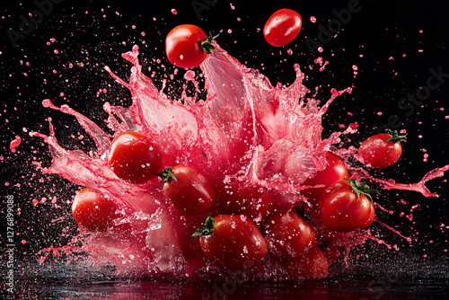 Exploding tomato burst, vibrant red and pink color palette, juice splashes and tomato fragments flying outward photo