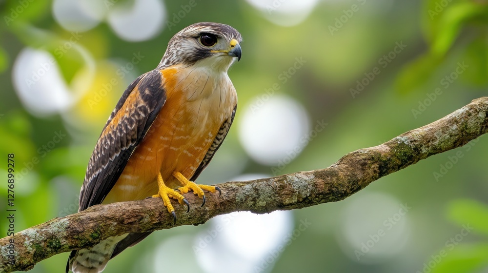Tropical bird of prey perched on branch in lush forest Tropical bird of prey perched on branch in lush forest