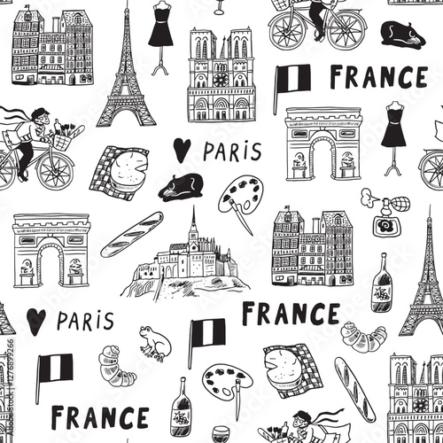 Paris hand drawn doodle seamless pattern. Travel and tourism background