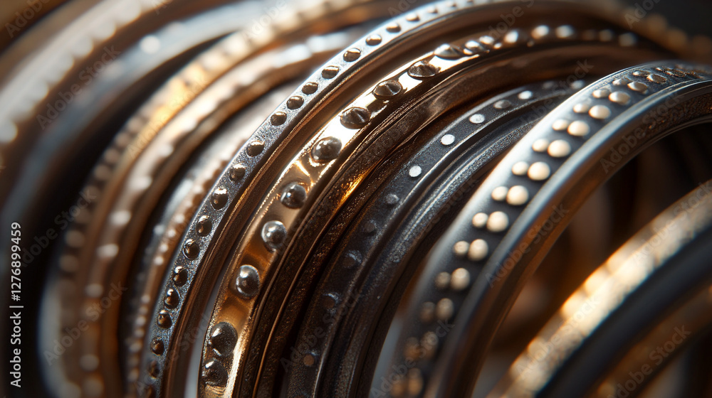 Obraz premium Close-up collection of metallic rings featuring intricate designs and textures