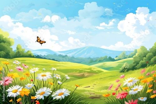 Bees and butterflies in spring or summer landscape nature meadow.