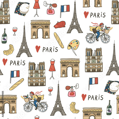 Paris Seamless Pattern. Vector Illustration with famous Paris symbols.