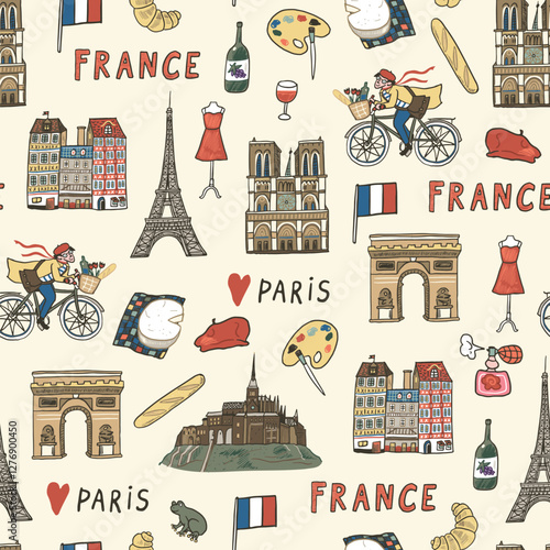 France seamless pattern. Vector hand drawn doodle Paris icons set.